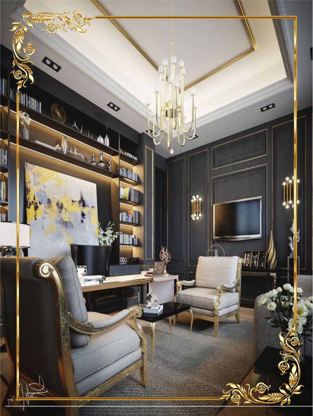 design interior modern classic warna hitam elegan mewah dengan aksen gold emas