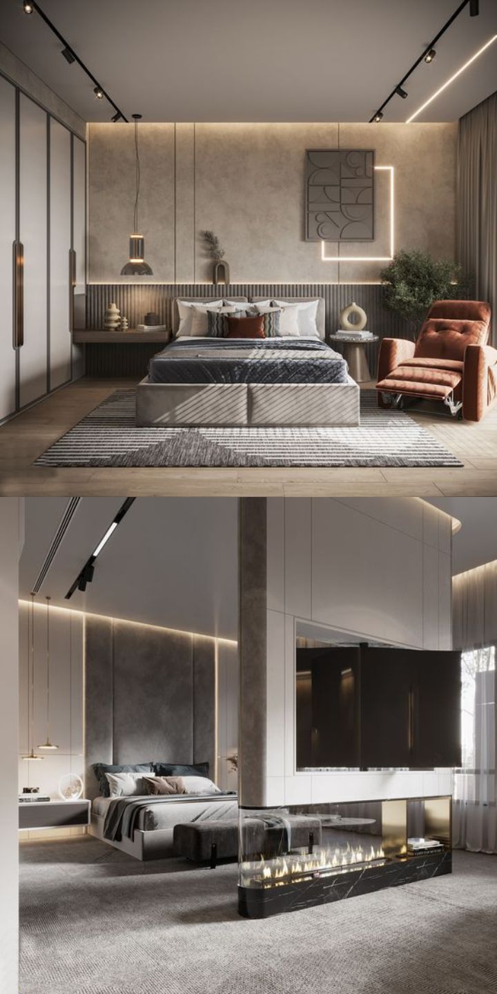 design interior kamar ( bedroom ) minimalis modern warna putih abu-abu coklat wallpanel putih lighting warm 