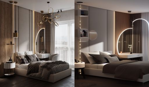 design interior bedroom modern ( desain ruangan kamar tidur modern ), kasur putih, bedcover hitam, nakas putih, wallpanel hpl kayu , cermin kaca di pojok , lampu hias gantung