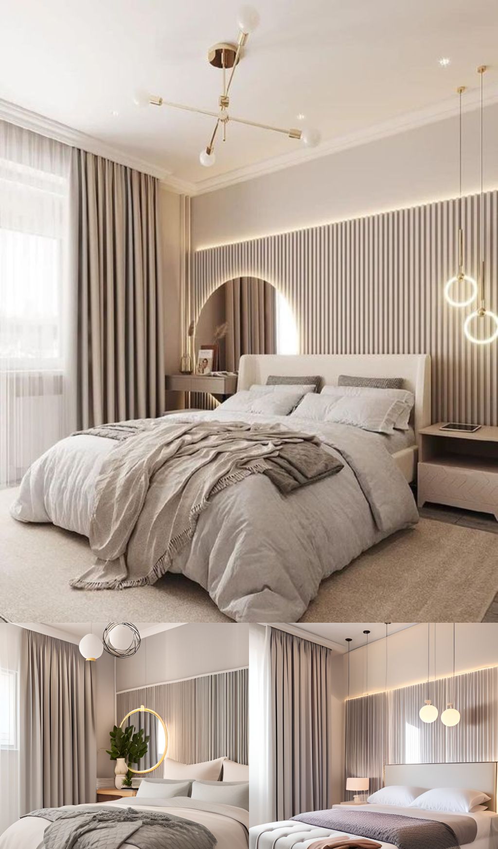 design interior bedroom minimalis modern ( desain ruang kamar tidur minimalis modern ) tirai transparan, tirai abu-abu, kasur putih, cermin bulat, meja rias di pojok, wallpanel