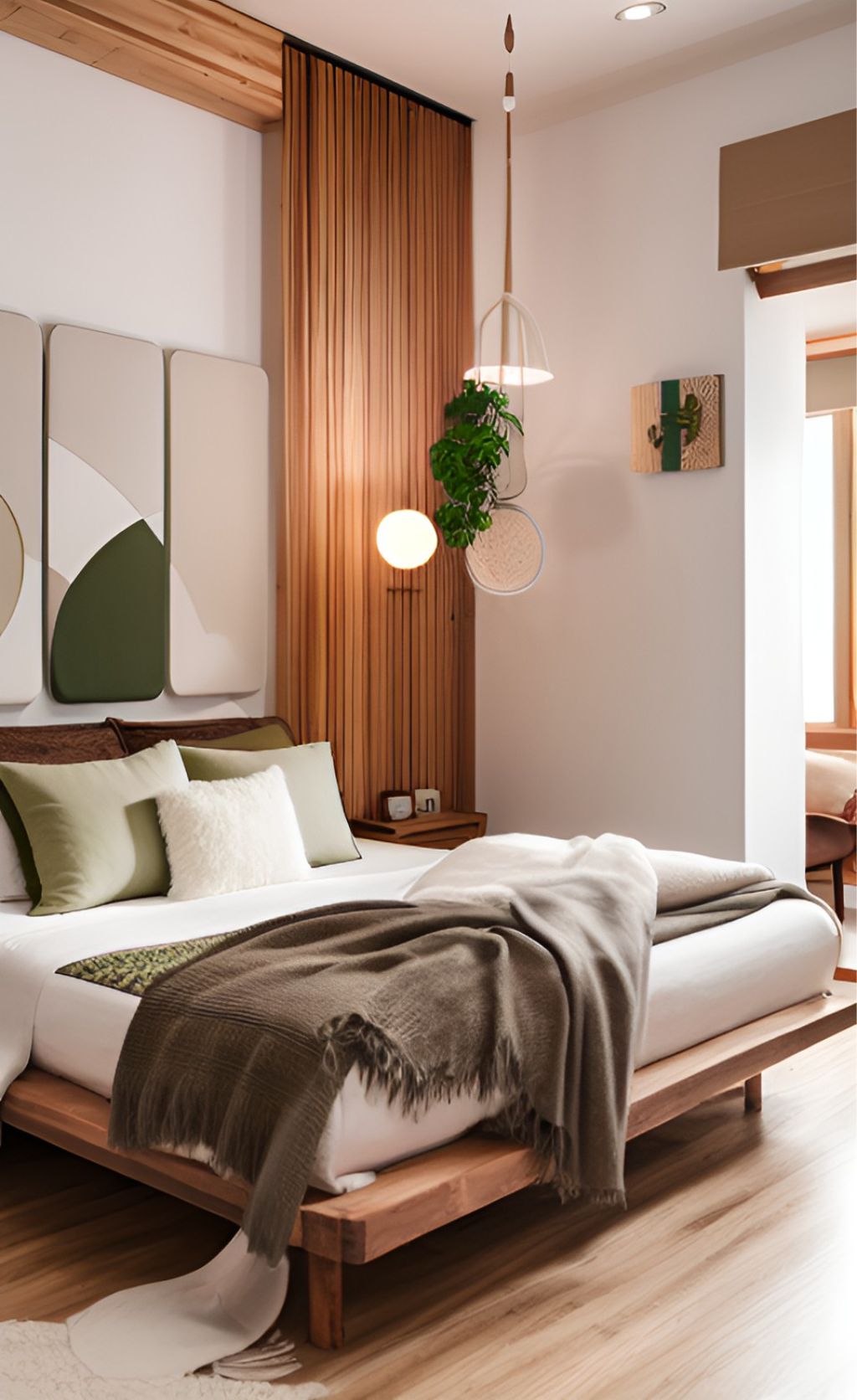 design interior bedroom minimalis ( desain ruangan kamar tidur minimalis ) dinding putih, wallpanel kayu hpl, lukisan , kasur putih, tanaman hijau bunga, lampu hias digantung