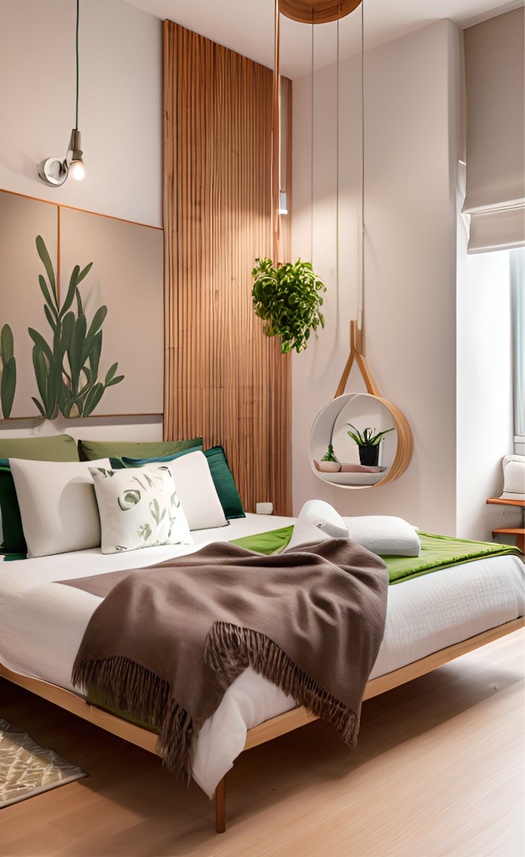 design interior bedroom minimalis ( desain ruangan kamar tidur minimalis ) dinding putih, wallpanel kayu hpl, lukisan , kasur putih, tanaman hijau bunga, lampu hias digantung