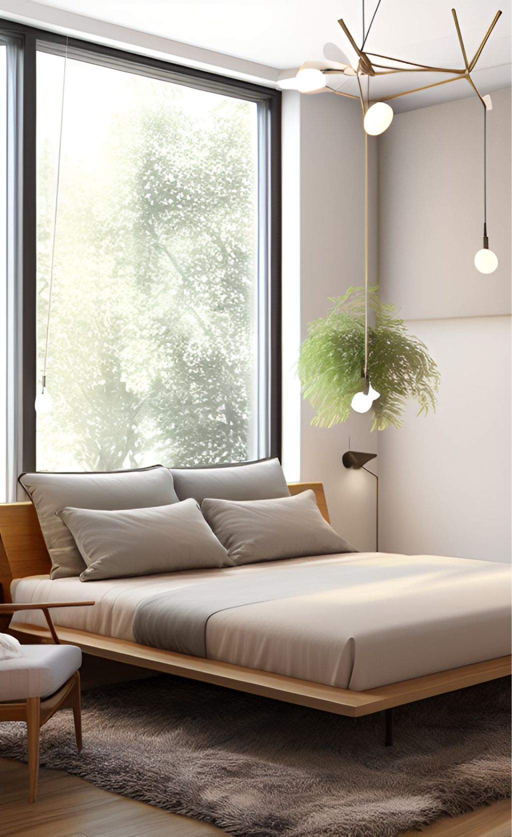 desain ruang kamar tidur minimalis dengan tumbuhan dan lampu hias gantung ( design interior bedroom minimalist )