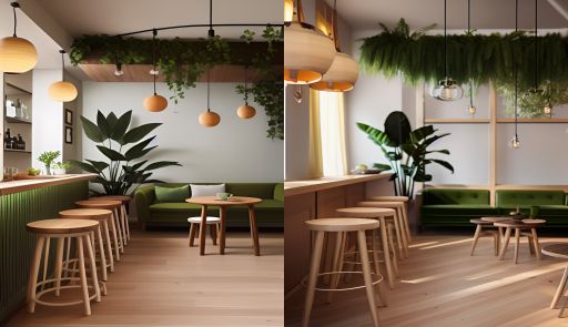 design interior cafe ( ruangan kafe ) cafe with round wooden stools, 2 round wooden table, a minibar, 4 decorative hanging lamps, a foliage on the corner, a green sofa, green vines hanging on the wall swaying to the ground