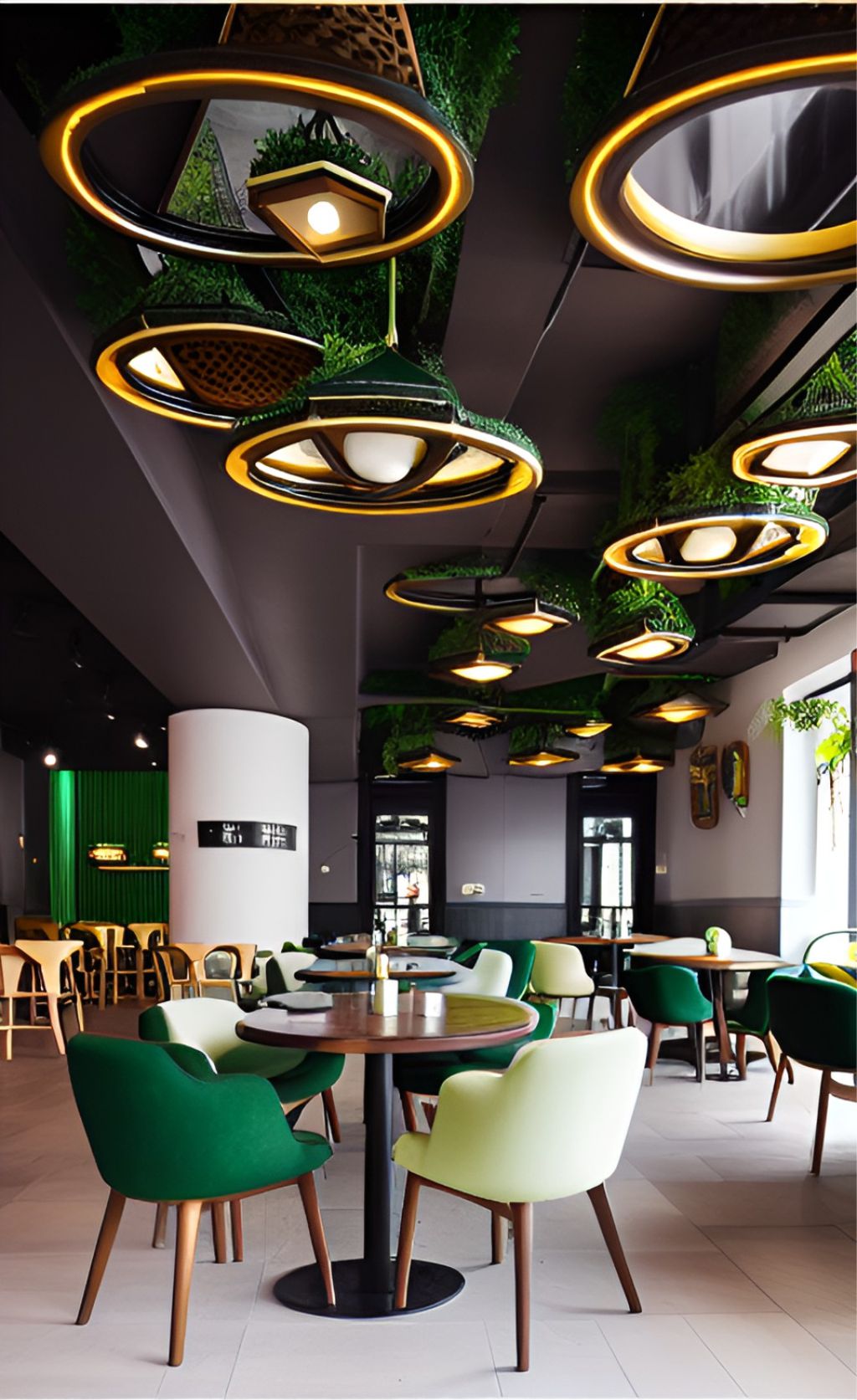 design interior cafe ( desain ruangan kafe ) unik dengan tumbuhan hijau, lampu bulat dan cermin di atap , cafe with 3 white pillars,hanging circular mirrors toward the ground with golden lamps in the border of the mirrors, green vines hanging from black ceiling to the body lamps, green vines hanging on the wall, green foam upholstered classic chairs, beige foam upholstered foam classic chair, wooden tables