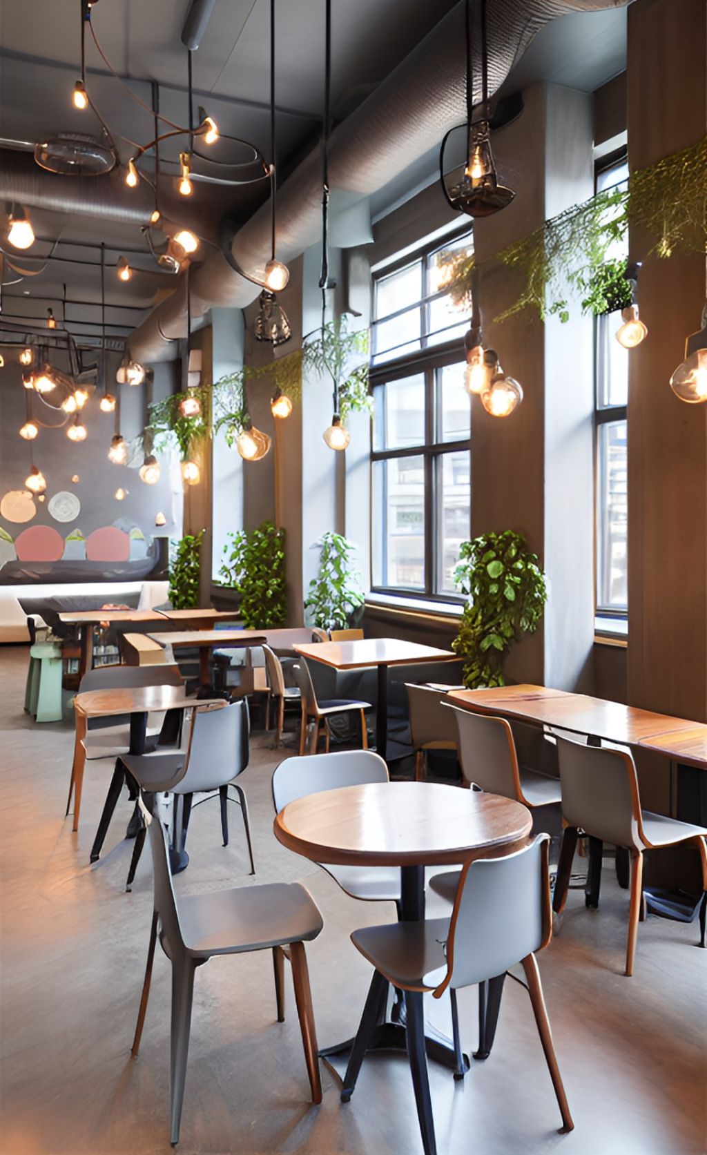 design interior cafe ( desain ruangan kafe ) industrial bola lampu unik dengan tumbuhan hijau cafe using industrial style, 3 spherical lamps on the wall decorated with vines hanging on the wall reaching the spherical lamps, ceiling is textured with concrete, down lights are flock on the stick hangin on the ceiling, round golden table with foam holstered chairs