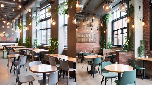 design interior cafe ( desain ruangan kafe ) industrial bola lampu unik dengan tumbuhan hijau cafe using industrial style, 3 spherical lamps on the wall decorated with vines hanging on the wall reaching the spherical lamps, ceiling is textured with concrete, down lights are flock on the stick hangin on the ceiling, round golden table with foam holstered chairs