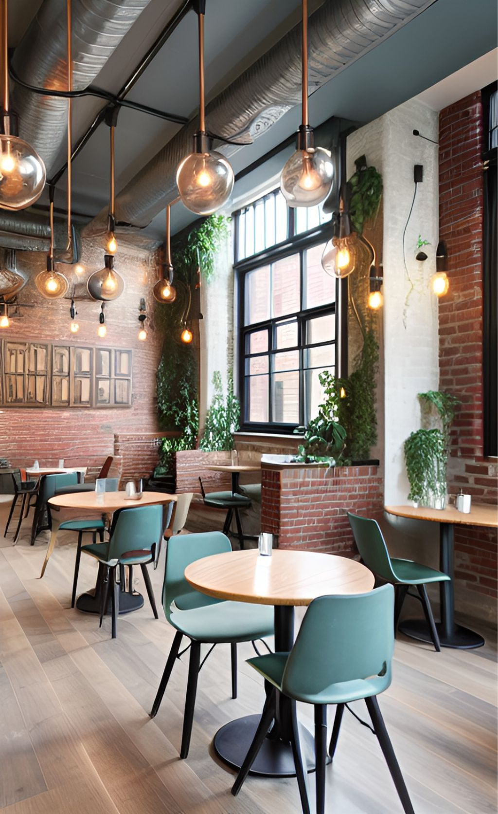 design interior cafe ( desain ruangan kafe ) industrial bola lampu unik dengan tumbuhan hijau cafe using industrial style, 3 spherical lamps on the wall decorated with vines hanging on the wall reaching the spherical lamps, ceiling is textured with concrete, down lights are flock on the stick hangin on the ceiling, round golden table with foam holstered chairs