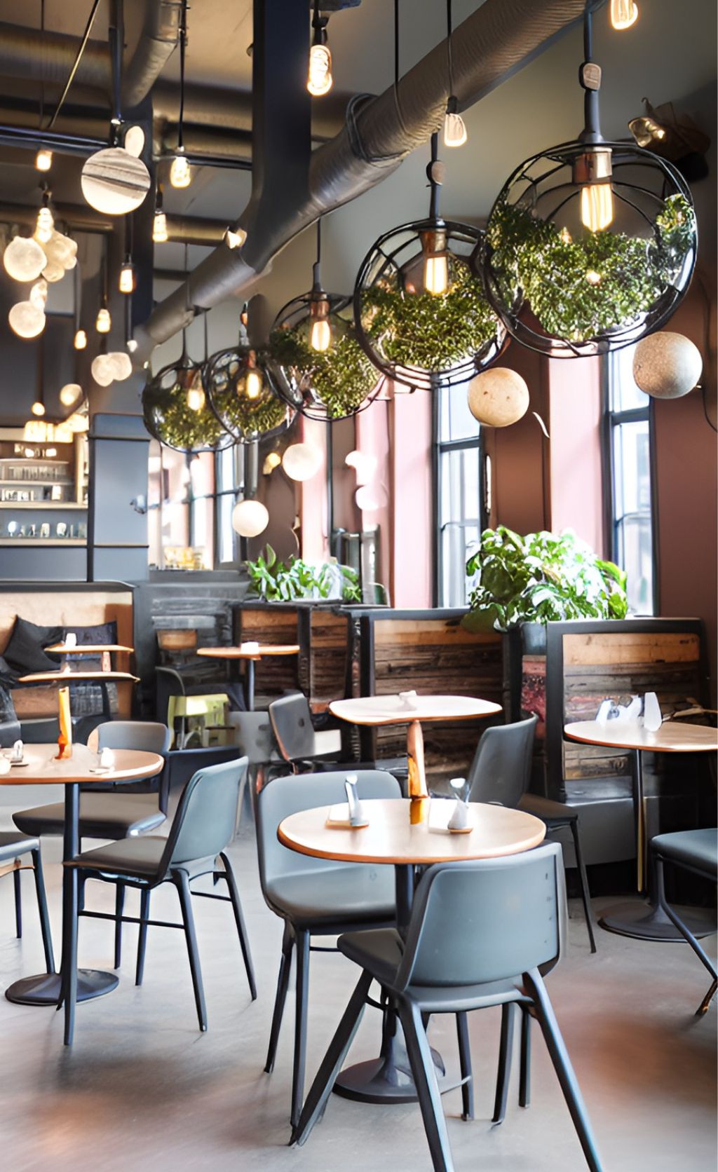 design interior cafe ( desain ruangan kafe ) industrial bola lampu unik dengan tumbuhan hijau cafe using industrial style, 3 spherical lamps on the wall decorated with vines hanging on the wall reaching the spherical lamps, ceiling is textured with concrete, down lights are flock on the stick hangin on the ceiling, round golden table with foam holstered chairs