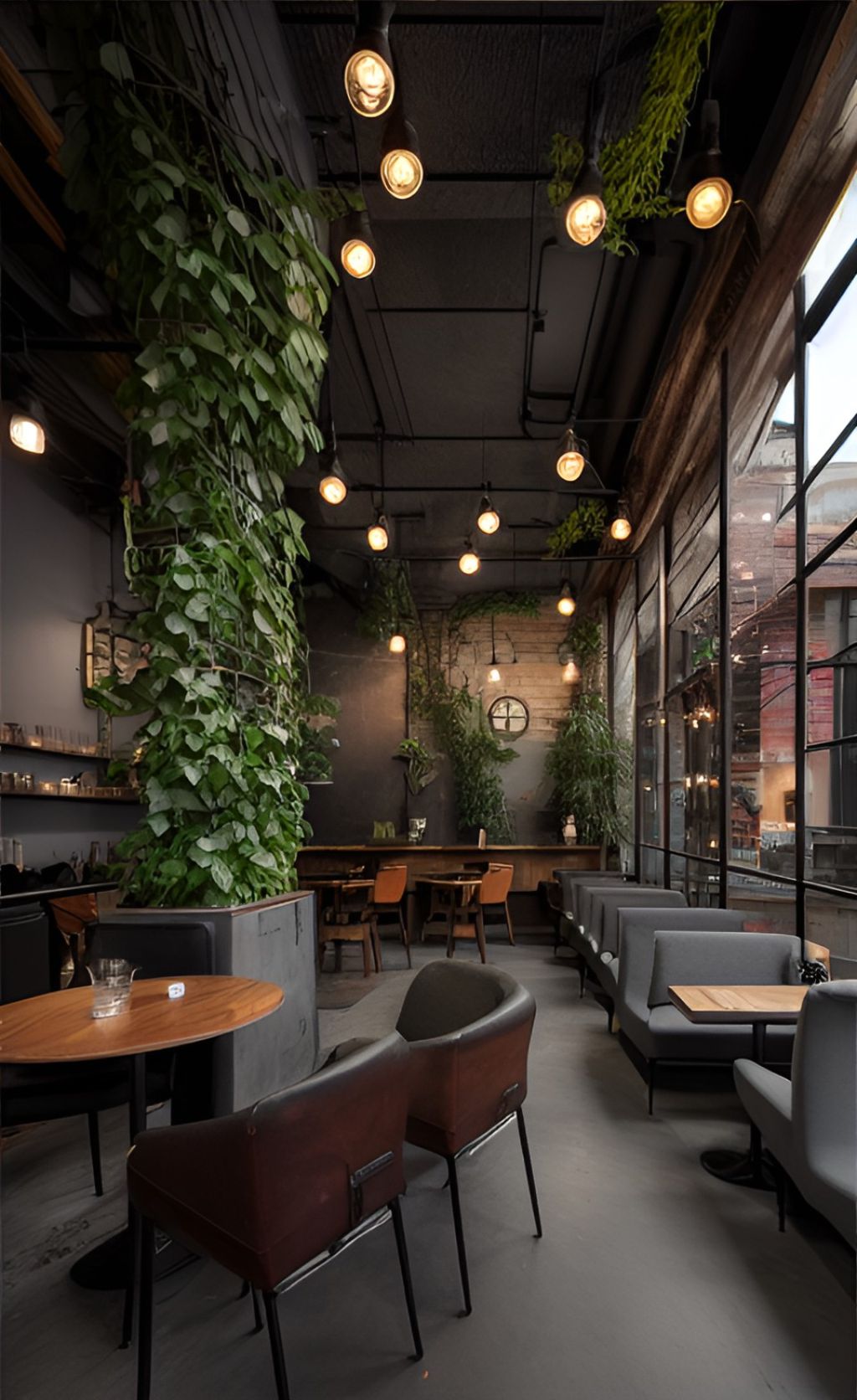 design interior cafe industrial ( desain ruangan kafe industrial ) lampu bulat bergelantungan, tumbuhan hijau merambat di dinding meja bulat, kursi dan sofa 