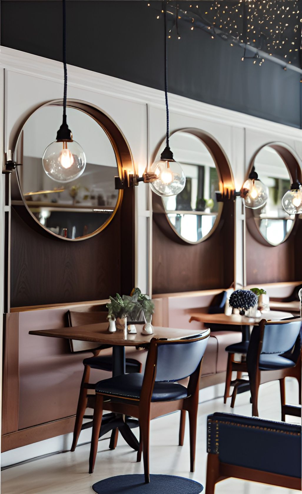 design interior cafe classic ( desain ruangan kafe klasik ) cermin bulat, lampu bulat