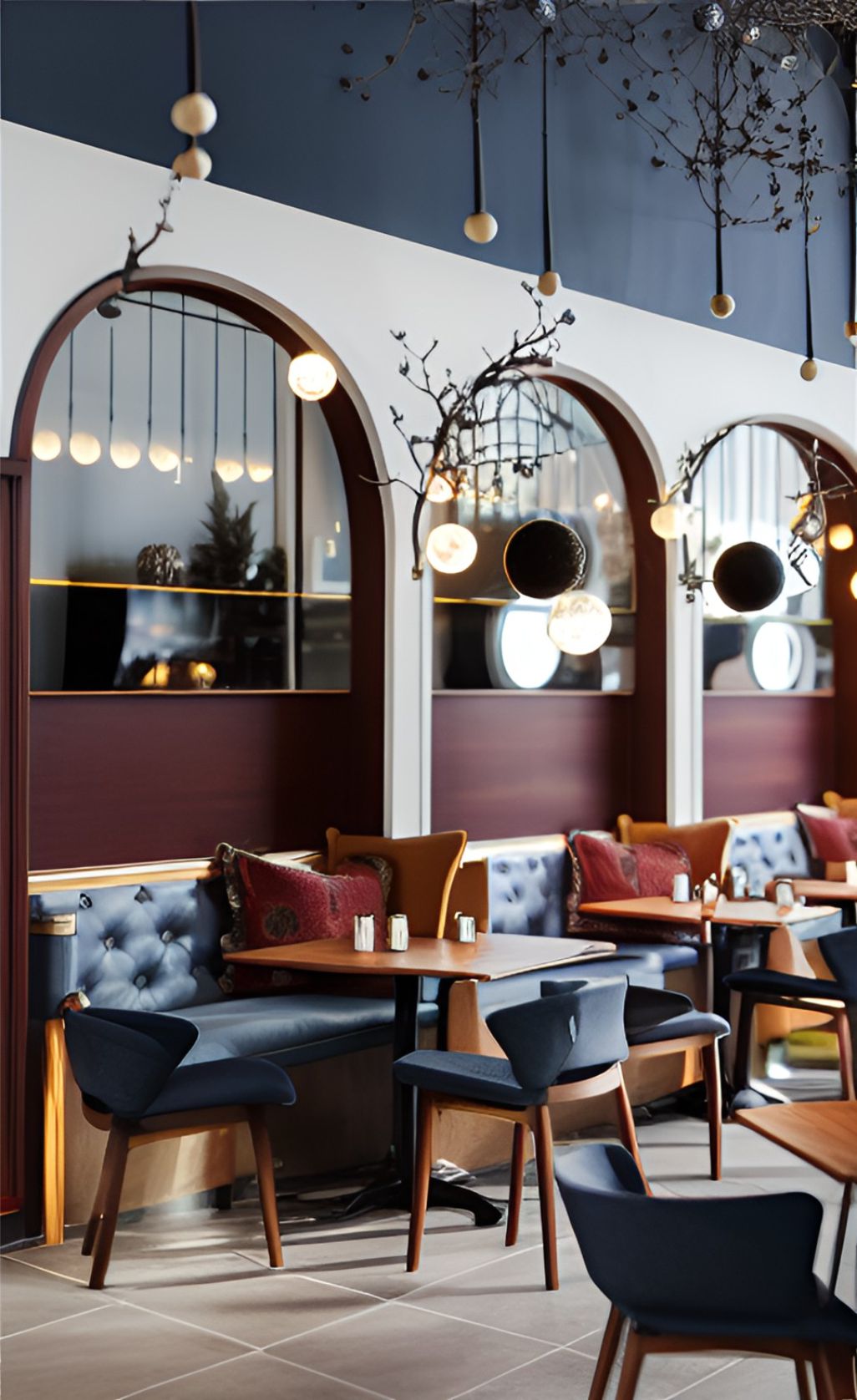 design interior cafe classic ( desain ruangan kafe klasik ) cermin bulat, lampu bulat