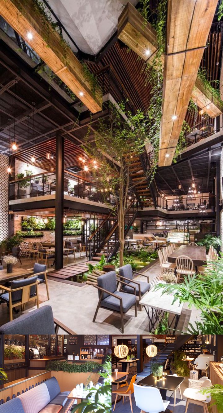 contoh gambar photo desain ruangan kafe ( design interior cafe ) , café with soo many small bulbs, long wood on the ceiing, black sofas, foliages everywhere, wooden tables