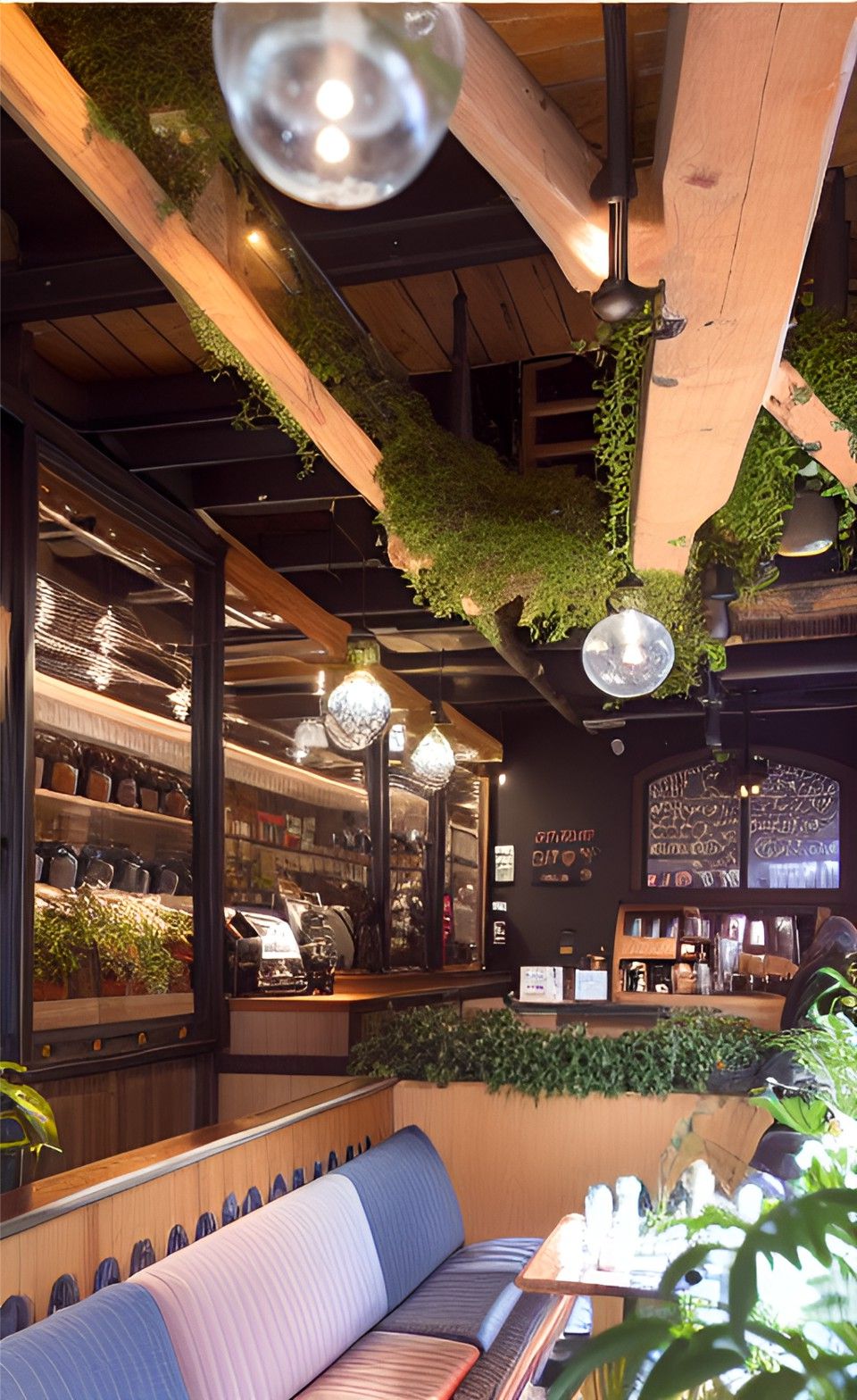 contoh gambar photo desain ruangan kafe ( design interior cafe ) , café with soo many small bulbs, long wood on the ceiing, black sofas, foliages everywhere, wooden tables