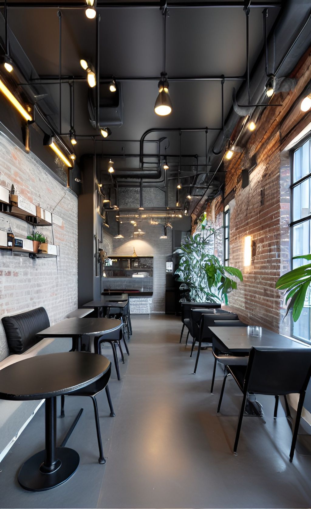 contoh gambar photo desain ruangan kafe ( design interior cafe ) indoor, meja besi bulat dan kotak berwarna hitam, dinding bata dan tembok, lampu gantung indust