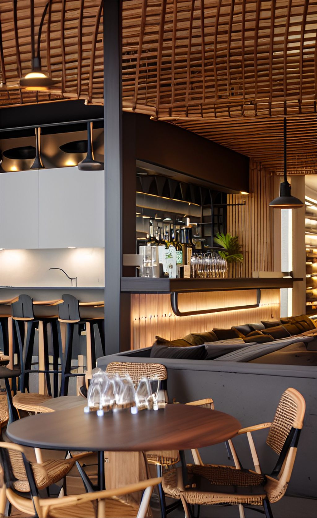 contoh gambar photo desain ruangan kafe ( design interior cafe ) material bambu dan rotana