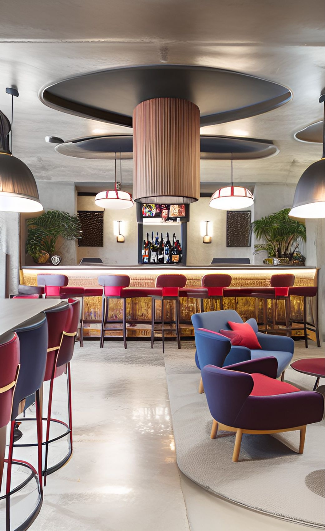 contoh gambar photo desain ruangan restoran kafe ( design interior cafe restaurant ) klasik, restaurant interior with some red and blue unique sofas, classic bar with round stools, unique ceiling textured with concrete, white decorative lamps hanging at ceiling, a big concrete cylindrical pillar, palms grow around the pillar