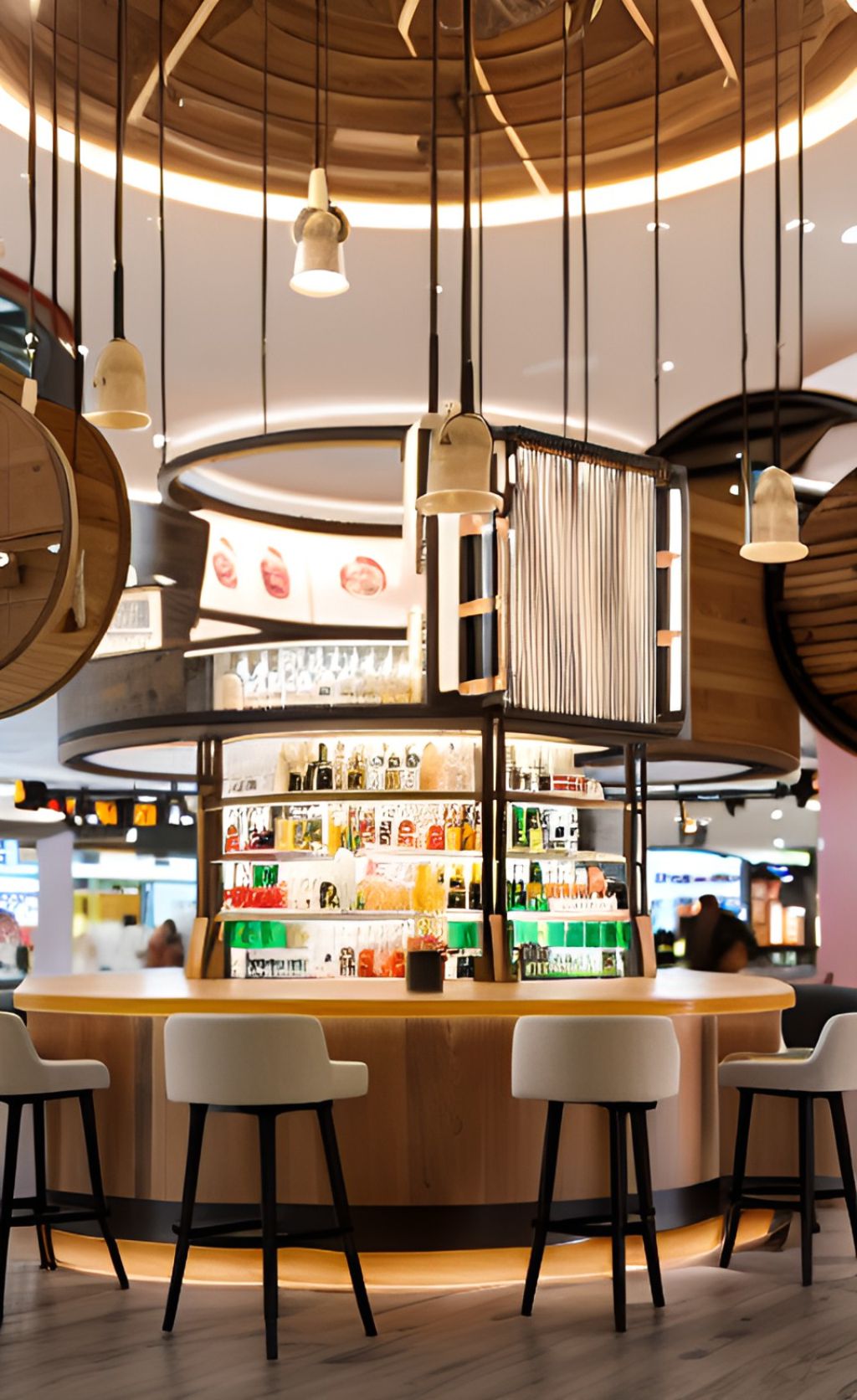 contoh gambar photo desain kafe dalam mall ( design interior cafe inside the mall ) restaurant inside the mall, unique beige stools legged with black steel, round bar made of wood, a shelve full of bottles positioned inside the round bar, 3 wooden circular ring stacked above the round bar hanging on some thin metal connected to ceiling, a circular lamp following the hole in the ceiling