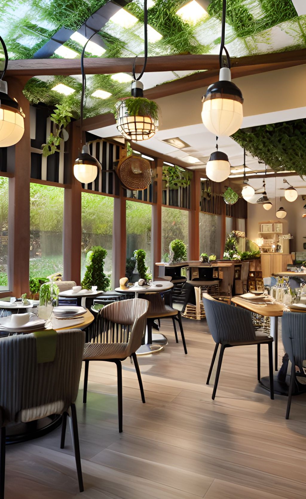 desain ruangan kafe farm house ( design interior cafe farm house ) dengan tumbuhan merambat di atap an dinding