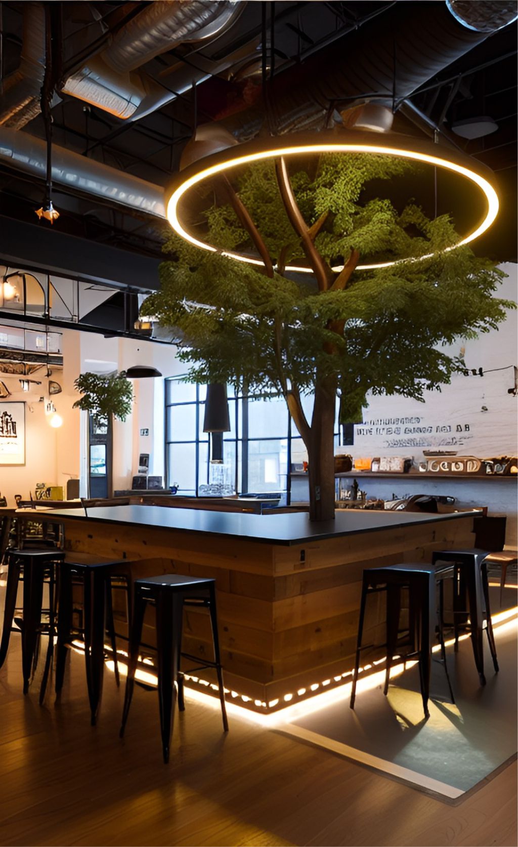 contoh gambar photo desain ruangan kafe indoor ( design interior cafe ) dengan pohon besar di dalam ruangan