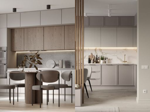 design interior kitchen / dapur  minimalis warna putih abu-abu hpl coklat 