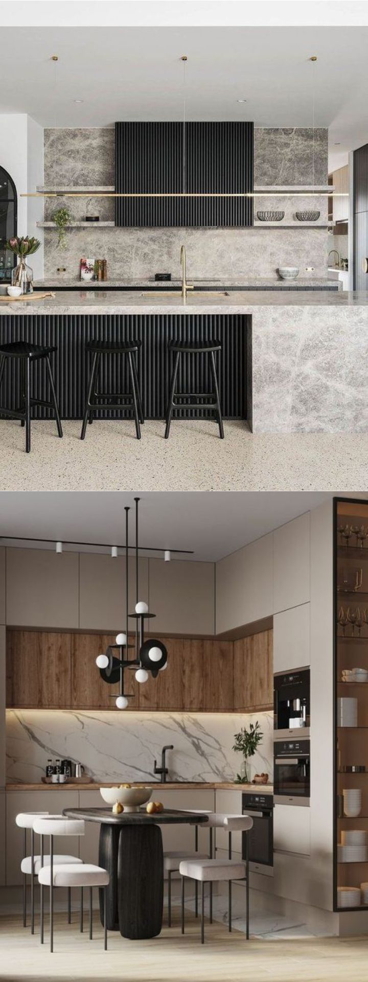 design interior kitchen ( dapur ) minimalis modern solid surface marmer hpl kayu coklat finishing duco hitam