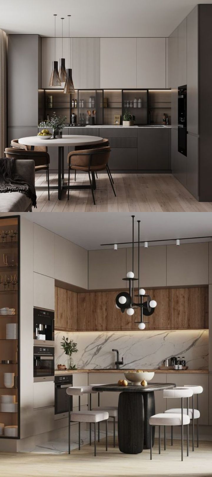 design interior kitchen ( dapur ) minimalis bahan hpl finishing duco warna tekstur kayu, putih, hitam