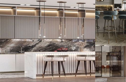 design interior kitchen ( dapur ) minimalis modern warna putih abu-abu finishing duco lighting warm