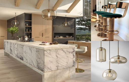 design interior kitchen ( dapur ) minimalis modern warna putih abu-abu krem solid surface granit hpl kayu finishing duco lighting warm