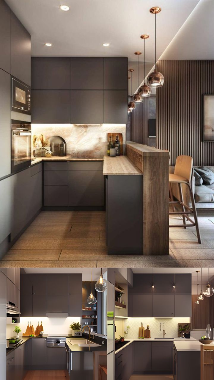 design interior kitchen modern minimalist ( desain ruangan dapur minimalis modern ) design interior kitchen ( dapur ) minimalis warna putih hitam hpl kayu finishing duco solid surface granit lighting warm