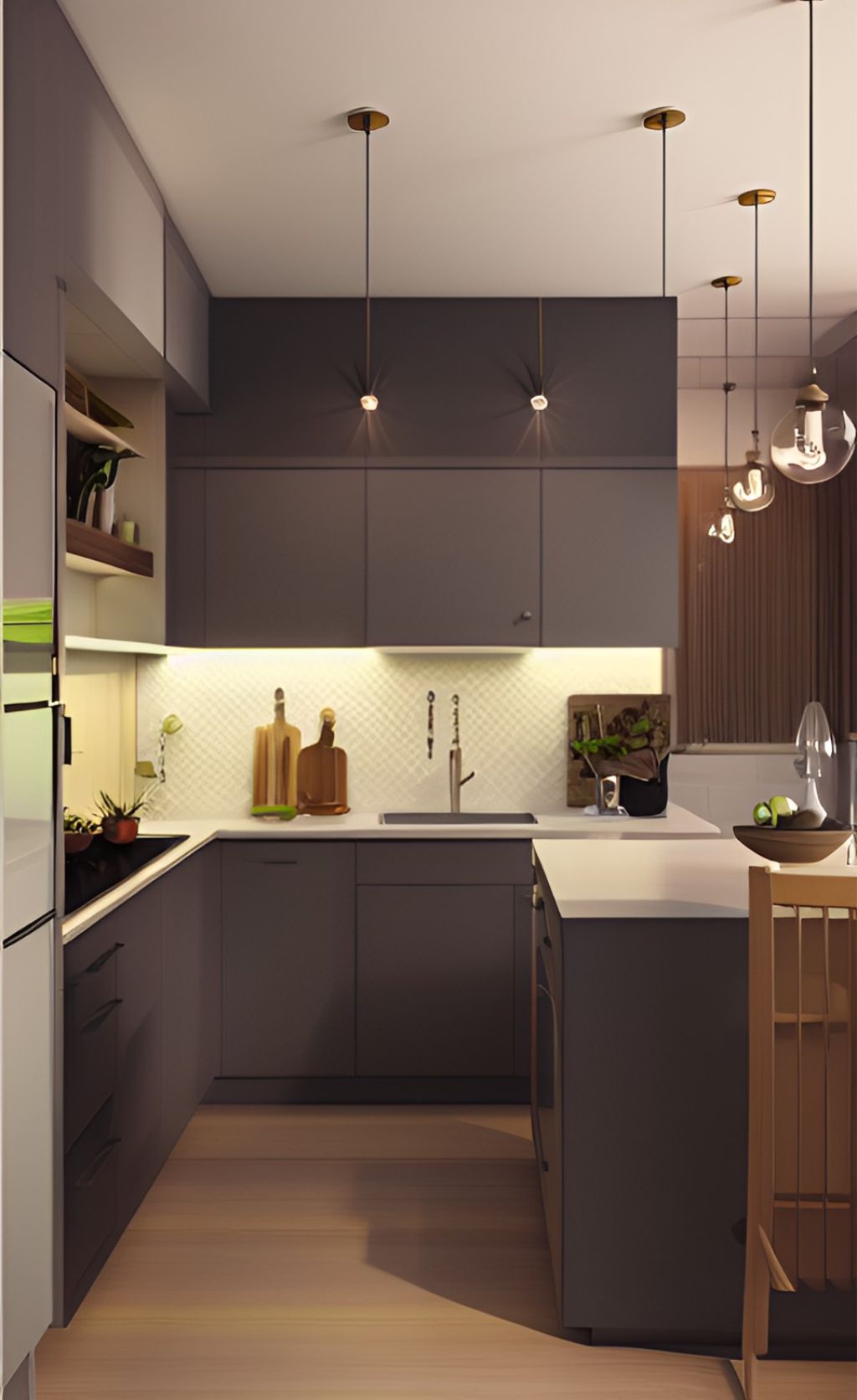design interior kitchen modern minimalist ( desain ruangan dapur minimalis modern ) design interior kitchen ( dapur ) minimalis warna putih hitam hpl kayu finishing duco solid surface granit lighting warm