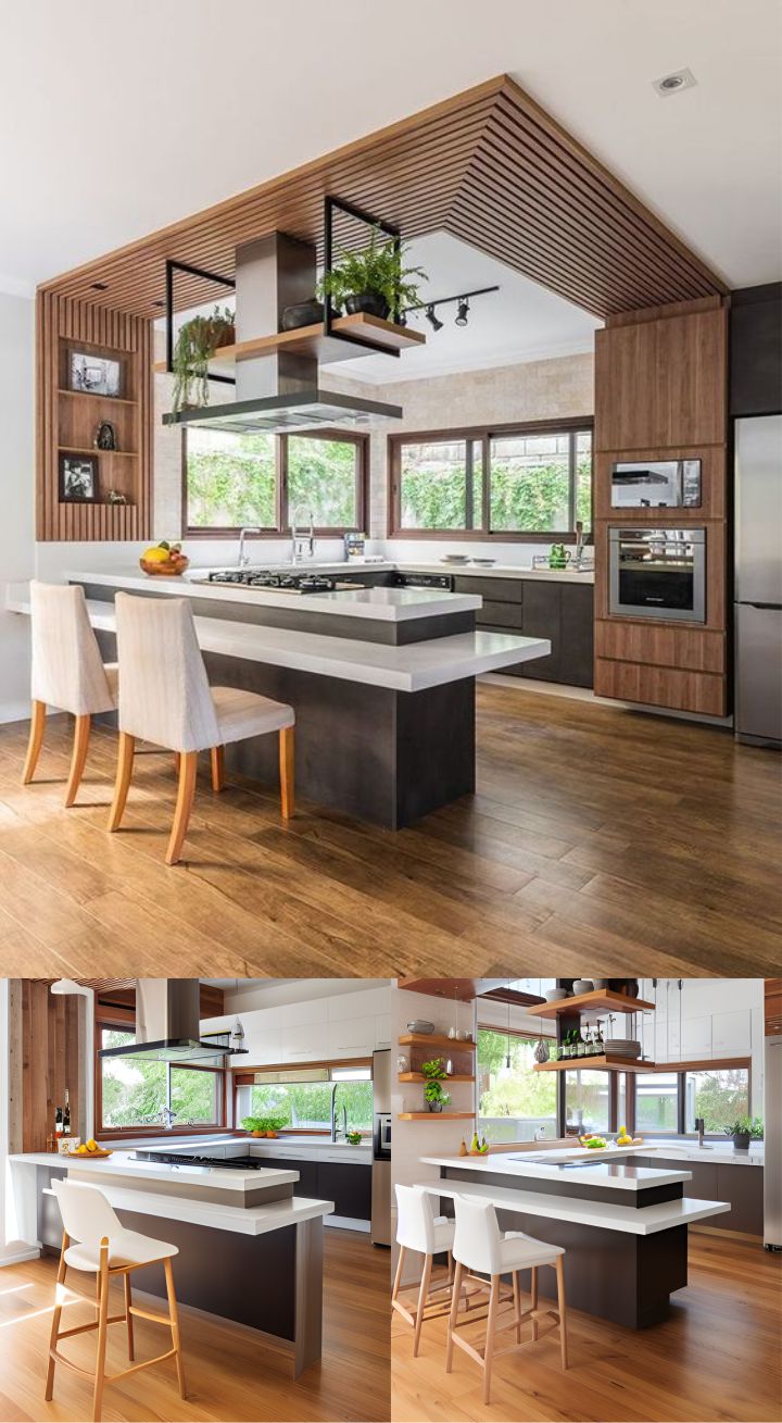 contoh gambar photo desain dapur minimalis ( design interior kitchen minimalist ) meja hitam, top table putih, kursih kayu dibalut busa putih, wallpanel kayu, kitchen set hitam