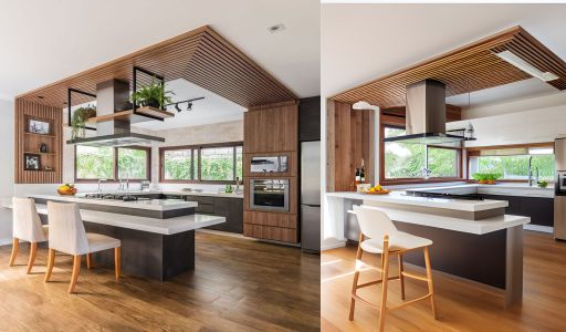 contoh gambar photo desain dapur minimalis ( design interior kitchen minimalist ) meja hitam, top table putih, kursih kayu dibalut busa putih, wallpanel kayu, kitchen set hitam