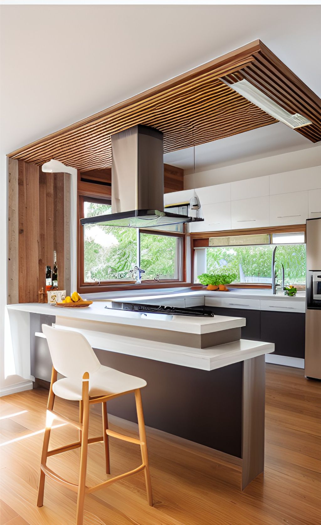 contoh gambar photo desain dapur minimalis ( design interior kitchen minimalist ) meja hitam, top table putih, kursih kayu dibalut busa putih, wallpanel kayu, kitchen set hitam