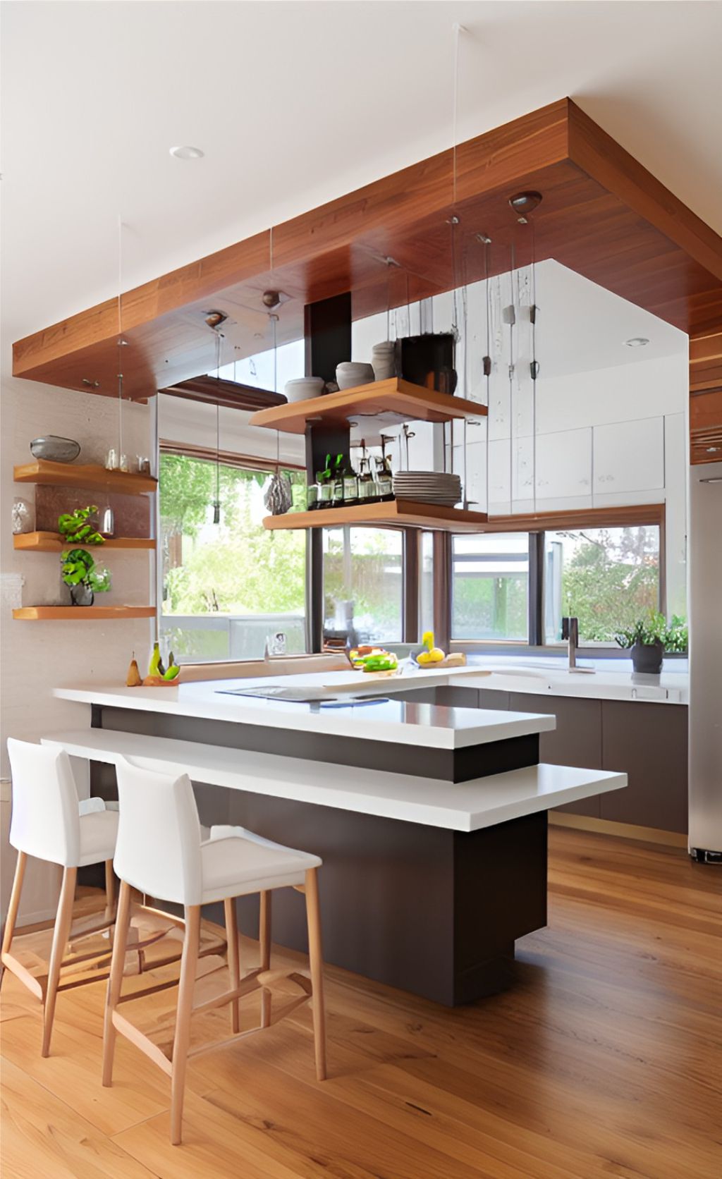 contoh gambar photo desain dapur minimalis ( design interior kitchen minimalist ) meja hitam, top table putih, kursih kayu dibalut busa putih, wallpanel kayu, kitchen set hitam