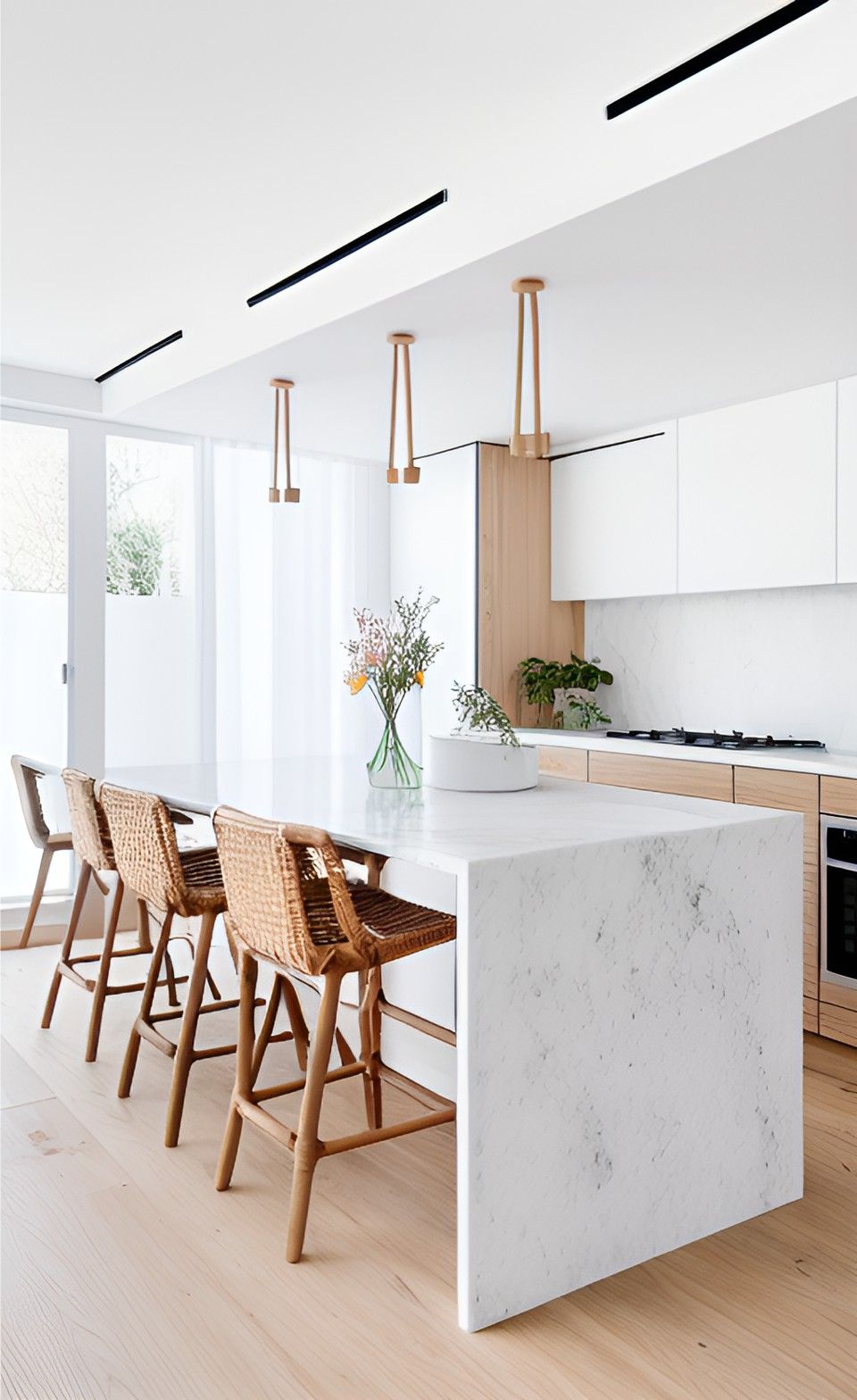 contoh gambar photo desain dapur minimalis ( design interior kitchen minimalist ) table solid surface batu granit, kursi rotan, kitchen set terbuat dari hpl kayu dan melamin