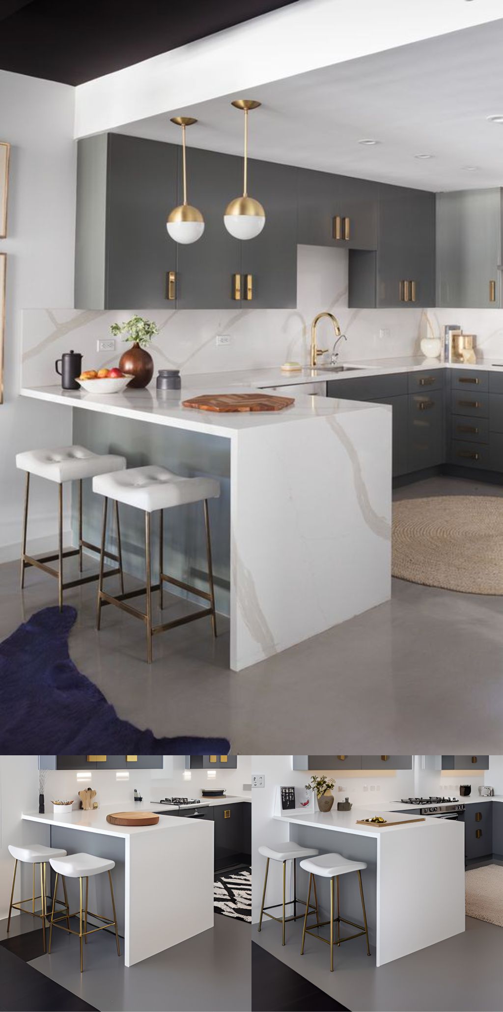 contoh gambar photo desain dapur minimalis ( design interior kitchen minimalist ) white island table, material solid surface granit, black kitchen set