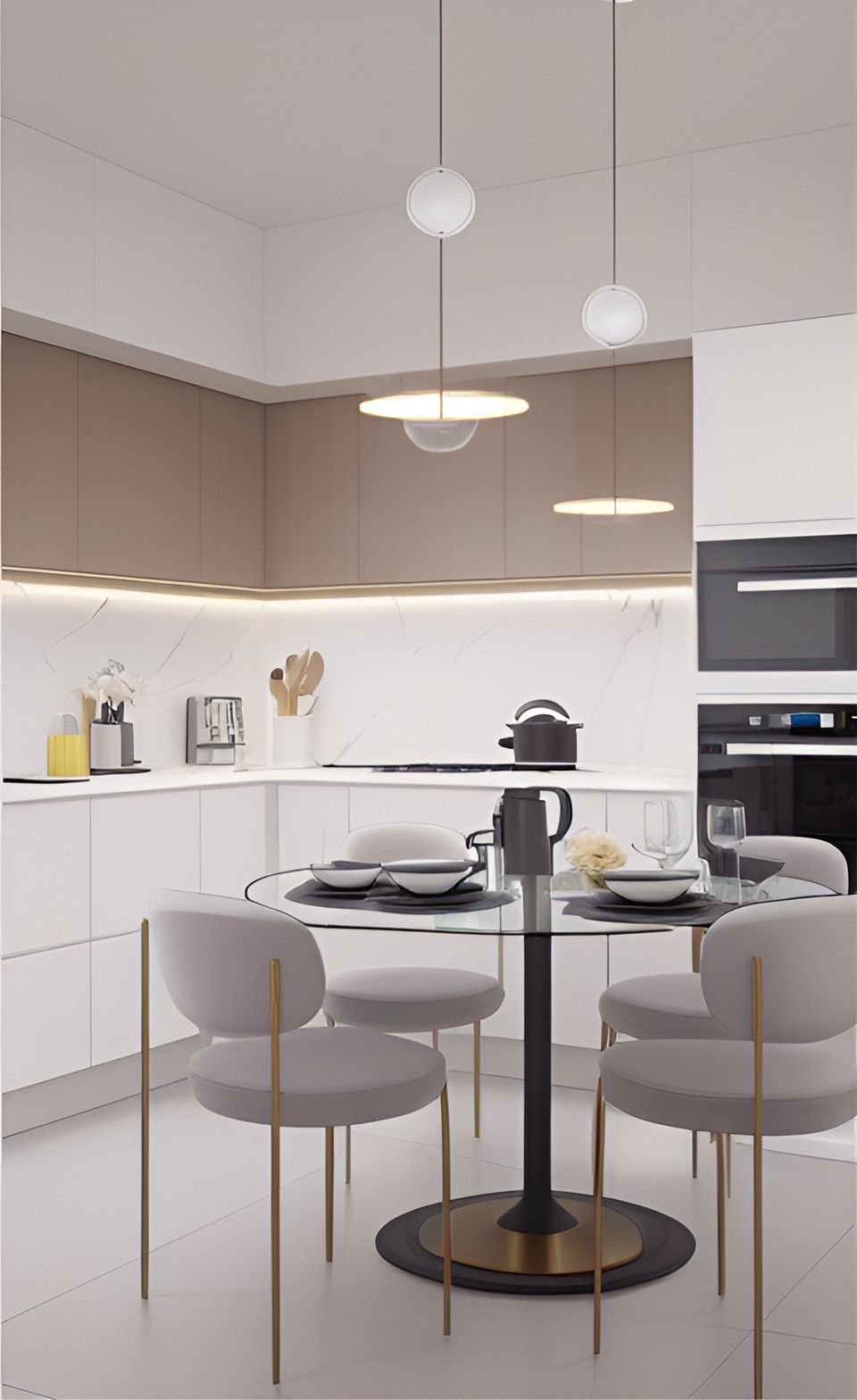 desain ruangan dapur minimalis warna putih  kursi busa meja kaca bundar material HPL finishing duco ( design interior kitchen minimalist )