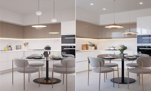 desain ruangan dapur minimalis warna putih  kursi busa meja kaca bundar material HPL finishing duco ( design interior kitchen minimalist )