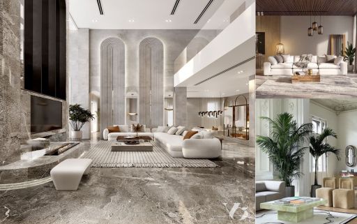 Design Interior Livingroom ( desain ruangan ruang tamu ) modern mediteranian warna hitam putih batu marmer granit tumbuhan palm