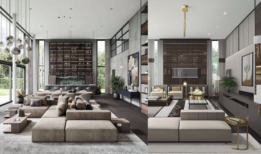 design interior livingroom ( desain ruangan ruang tamu ) minimalis modern material HPL tekstur kayu warna hitam coklat putih sofa putih 