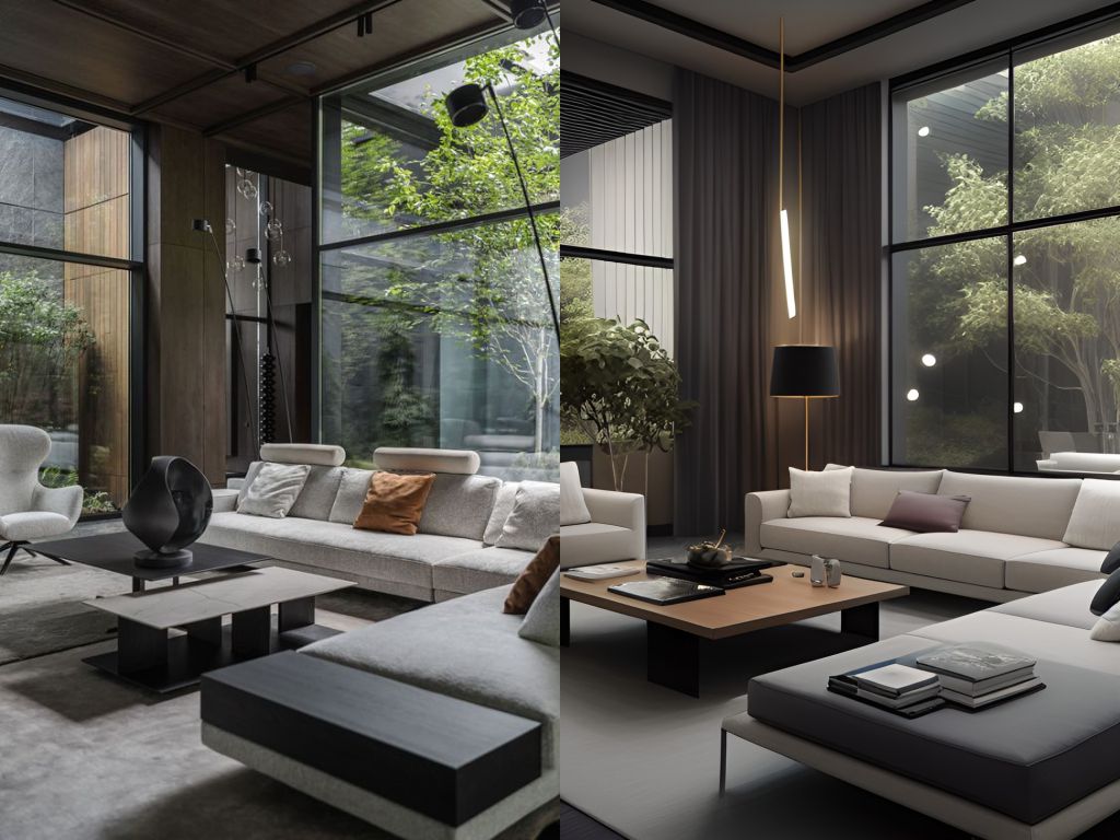 design interior livingroom ( desain ruang tamu ) minimalist modern warna hitam sofa putih dengan lampu hias