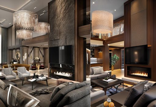 Design Interior Livingroom ( desain ruang tamu ) classic modern warna hitam putih aksen gold dengan lampu hias material HPL tekstur kayu finishing duco