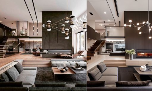 design interior livingroom ( desain ruang tamu ) minimalis modern warnah hitam putih krem material bahan HPL tekstur kayu finishing duco flooring LVT lampu hias