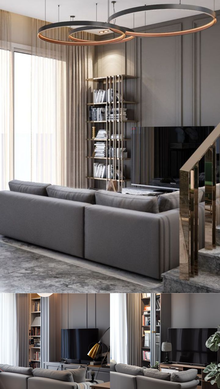 design interior livingroom modern minimalist ( desain ruang tamu ) livingroom with a grey sofa, 3 grey pillows on the sofa, open shelve with books at corner enlighten by a down light lamp, 3 circular decorative lamps hanging straight from ceiling, a transparent curtain on window, grey vertical wallpanel with black TV, part of visible stair