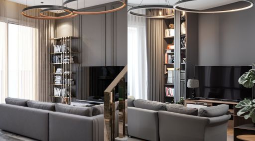 design interior livingroom modern minimalist ( desain ruang tamu ) livingroom with a grey sofa, 3 grey pillows on the sofa, open shelve with books at corner enlighten by a down light lamp, 3 circular decorative lamps hanging straight from ceiling, a transparent curtain on window, grey vertical wallpanel with black TV, part of visible stair