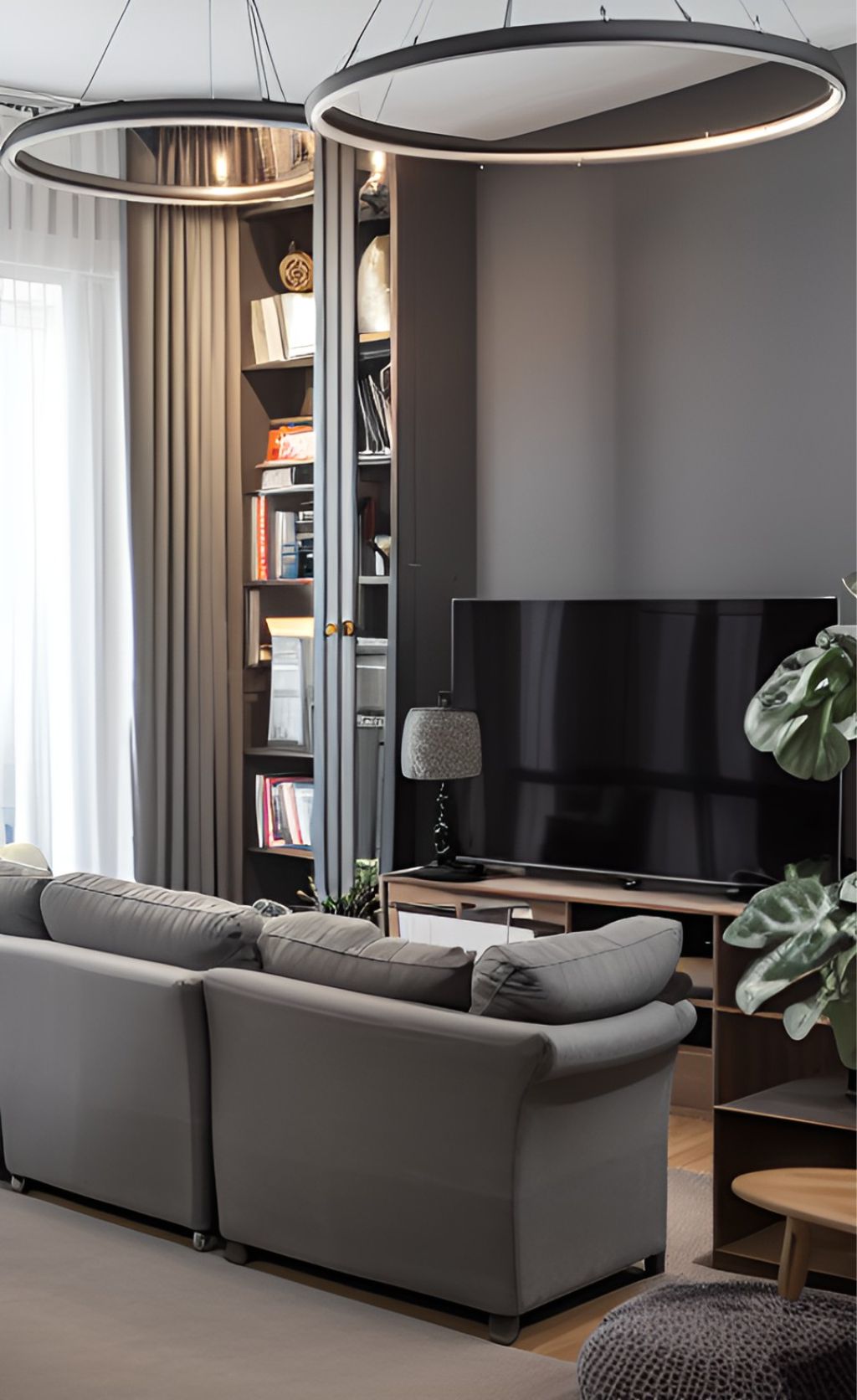 design interior livingroom modern minimalist ( desain ruang tamu ) livingroom with a grey sofa, 3 grey pillows on the sofa, open shelve with books at corner enlighten by a down light lamp, 3 circular decorative lamps hanging straight from ceiling, a transparent curtain on window, grey vertical wallpanel with black TV, part of visible stair