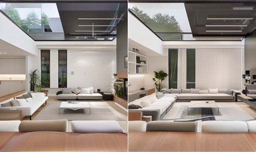 desain interior ruang tamu ( design interior livingroom ) dinding putih, lantai LVT kayu, atap kaca