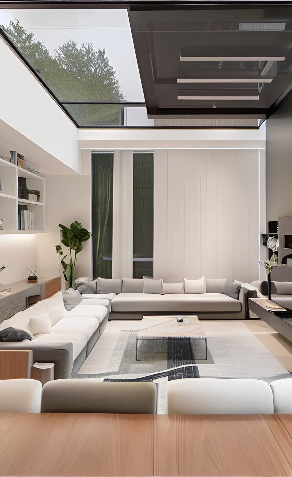 desain interior ruang tamu ( design interior livingroom ) dinding putih, lantai LVT kayu, atap kaca