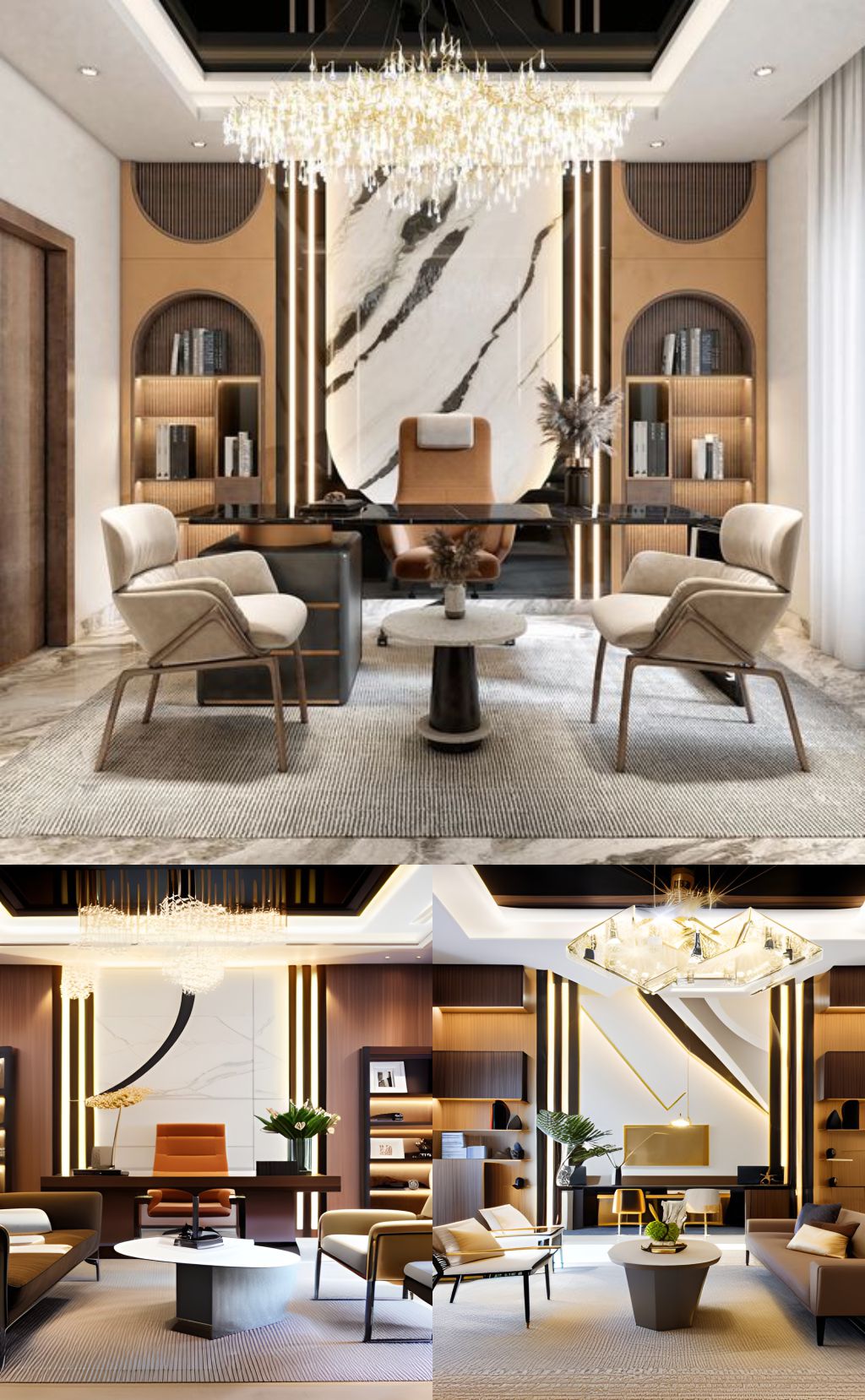 design interior office modern ( desain ruangan kantor modern ) warna putih coklat krem hitam flooring LVT karpet 